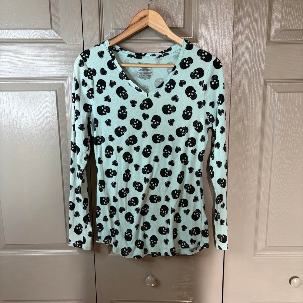 No Boundaries Mens XXL Mint Green Black Skull Heart Long Sleeve Grunge Emo Shirt
